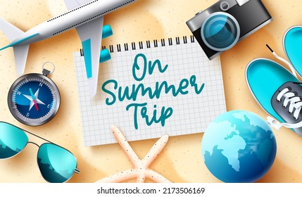 Summer vacation vector concept design. Summer trip text with 3d notepad, airplane and compass travel elements for beach holiday tour. Vector illustration.
