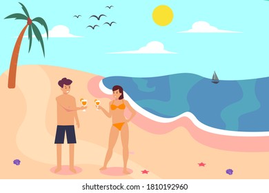 Summer vacation vector concept: Young couple cartoon enjoying fresh drink while wearing swimsuit on the beach