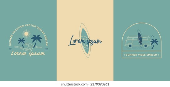 Summer vacation vector design emblem collection with palms, waves, bus, surfboard, sun and birds