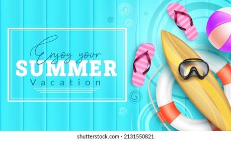 Summer vacation vector design. Enjoy summer vacation text with lifebuoy, surfboard and flip flop outdoor elements in wood pattern for tropical holiday season. Vector illustration.
