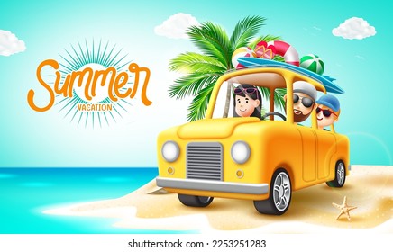 Summer vacation vector design. Summer text with family characters riding a yellow car in sand island. Vector illustration beach travel sea scape.  