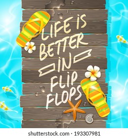 Summer vacation vector design - Wooden gangway with flip-flops and hand drawn saying