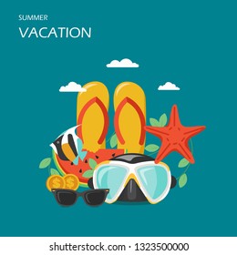 Summer vacation vector flat illustration. Beach accessories flip flops, sunglasses, starfish, diving mask, slice of watermelon and exotic fish. Summer beach activities poster, banner.