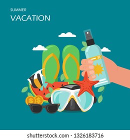 Summer vacation vector flat illustration. Beach accessories flip flops, sunglasses, starfish, slice of watermelon exotic fish scuba mask and hand holding sunscreen. Summer beach holidays poster banner