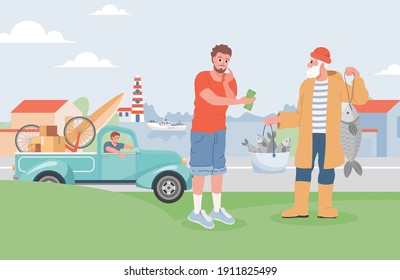 Summer vacation vector flat illustration. Man buying fresh fish from fisherman, his friend waiting in car loaded with items for summer holidays. Summer sea or lake landscape, trip to the sea concept.