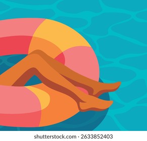 Vacaciones de verano. Ilustración plana de Vector de piernas femeninas bronceadas en un círculo brillante en la piscina. Verano de descanso, relajación, diversión, vacaciones en el agua. Para proyectos turísticos, vacaciones de verano, blogs de viaje