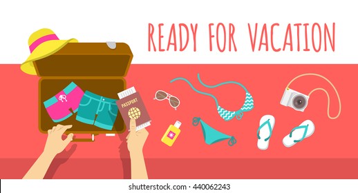 Summer vacation vector flat illustration. Packing beach stuff for travel to the sea or ocean. Woman puts in suitcase clothes, swimsuit, flip-flops, hat, glasses, camera and passport. Top view banner