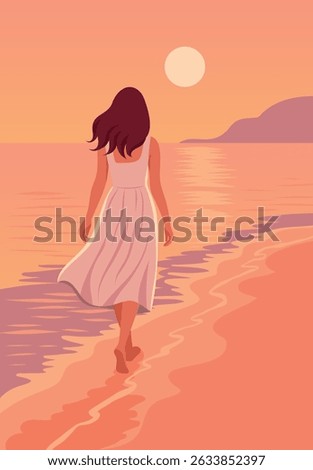 Summer vacation. Vector flat illustration of a girl woman on the beach walking barefoot along the shore at sunset. Summer holidays, freedom, nature, sea, mental health. For tourism and travel projects