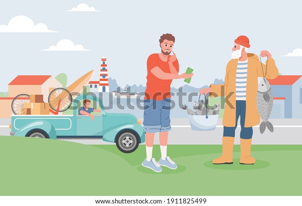 Summer vacation vector flat illustration. Man\
buying fresh fish from fisherman, his friend waiting in car loaded\
with items for summer holidays. Summer sea or lake landscape, trip\
to the sea concept.