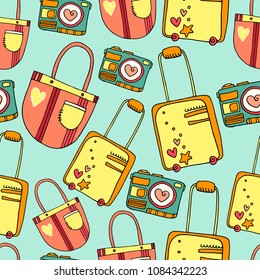 Summer vacation vector hand-drawn seamless pattern with bag, suitcase, camera on blue background