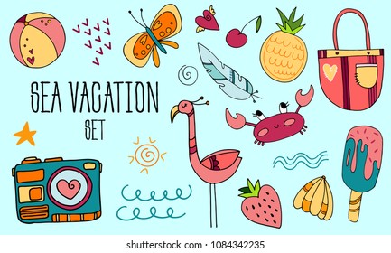 Summer vacation vector hand-drawn set with ball, butterfly, feather, cherry, pineapple, bag, crab, ice cream, shell, flamingo, wave, sun, star, camera
