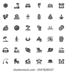 Summer vacation vector icons set, modern solid symbol collection, filled style pictogram pack. Signs logo illustration. Set includes icons as beach party, swimming pool, ice cream, surfing, water park