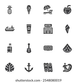 Conjunto de iconos de vector de vacaciones de verano, colección de símbolos sólidos modernos, paquete de pictogramas de estilo relleno. Señales, ilustración del logotipo. El conjunto incluye iconos como viaje de crucero, hotel, sandía, piña, surf