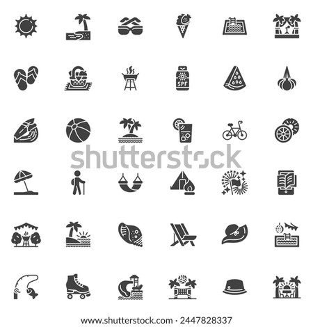 Summer vacation vector icons set, modern solid symbol collection, filled style pictogram pack. Signs logo illustration. Set includes icons as beach party, swimming pool, ice cream, surfing, water park