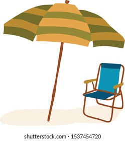 Summer vacation vector illustration. Beach scene with umbrella and beach chair, flat cartoon style.