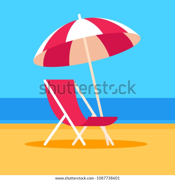 Summer vacation vector\
illustration. Beach scene with umbrella and beach chair, flat\
cartoon style.