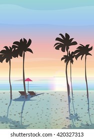 Summer vacation vector illustration.  Beautiful sea landscape, sunrise and sunset. 