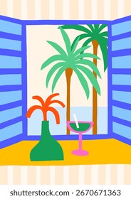 Ilustración vectorial de vacaciones de verano. Diseño brillante atrevido del cartel tropical con vista al mar, flores, palmas, cóctel