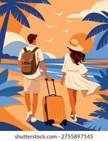 Summer vacation. Vector illustration, couple on vacation, strolling along the beach. Man carries backpack, suitcase, woman in hat. Palm trees, sunset, seagulls. For travel brochures, hotels, tourism