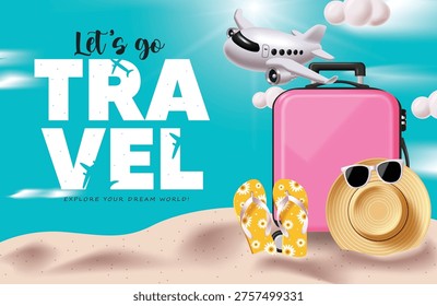Summer vacation vector illustration featuring a pink luggage bag an airplane and floral flip flops on a sandy beach. Tropical holiday poster for exploring the world and seasonal trip planning.
