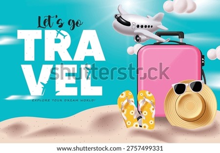 Summer vacation vector illustration featuring a pink luggage bag an airplane and floral flip flops on a sandy beach. Tropical holiday poster for exploring the world and seasonal trip planning.