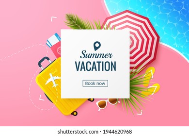 Summer vacation vector illustration. Flat lay composition with beach umbrella, travel suitcase, sunglasses, slates. Rest at the resort. Summertime travel banner template. Online booking.