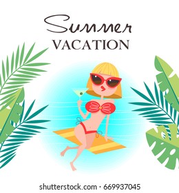 Summer vacation. Vector illustration. Girl on the beach resting and drinking a cocktail.