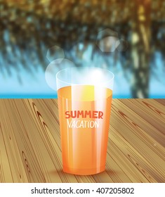 Summer vacation vector illustration with glass of orange juice and sea landscape on the background