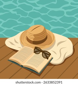 Summer vacation. Vector illustration of hat, glasses and open book on the terrace by the pool. Ideal scene of accessories for rest, relaxation. For tourism projects, summer vacation, travel blogs