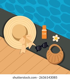 Summer vacation. Vector illustration of hat, glasses, sunscreen, bag on the terrace by the pool. Ideal scene of accessories for rest, relaxation. For tourism projects and travel blogs