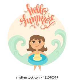 Summer vacation. Vector illustration of kid on the beach isolated. Girl with rubber ring near the sea. Cartoon character of young people. Hand drawn lettering "Hello summer".