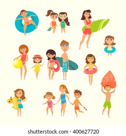 Summer vacation. Vector illustration of kids on the beach isolated. Children run to swim, holding hands. Boy and girl going surfing. Curly girl with rubber circle. Cartoon characters of young people.