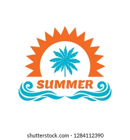 Summer vacation - vector illustration. Palm, sun, sea waves. Badge logo design. 
