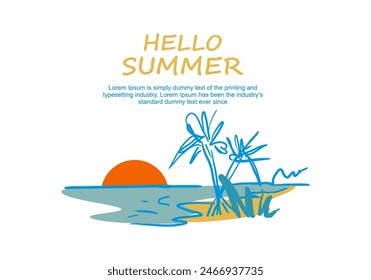  Sommerferien-Vektorillustration-Poster mit Meereslandschaft, Sonnenliege, Urlaubsfrau, Sommersonnenuntergang