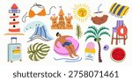 Summer vacation vector illustration set in cartoon flat style. Beach holiday elements collection, sea activities, coconut, palm, lighthouse, tropical leaves, ice cream in hand drawn style
