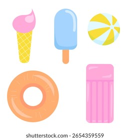 Summer vacation vector illustration set. Colorful tropical icons: ice cream, popsicle, rubber ring, inflatable matress, beach ball, travel symbols, elements in  flat style.