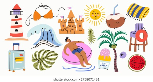 Summer vacation vector illustration set in cartoon flat style. Beach holiday elements collection, sea activities, coconut, palm, lighthouse, tropical leaves, ice cream in hand drawn style
