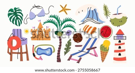 Summer vacation vector illustration set. Hand drawn tropical elements, palm trees, sea waves, watermelon, ice cream and travel icons. Bright seasonal clip art for beach party or holiday design