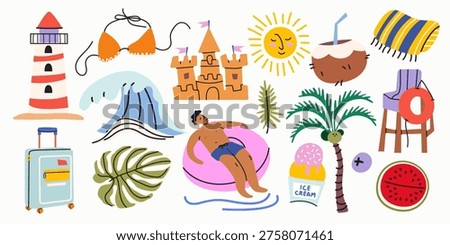 Summer vacation vector illustration set in cartoon flat style. Beach holiday elements collection, sea activities, coconut, palm, lighthouse, tropical leaves, ice cream in hand drawn style
