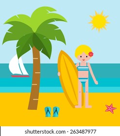 Summer vacation vector illustration. Surf girl holding her  surfboard at beach, in flat design style