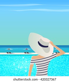 Summer vacation vector illustration.  Woman in wide-brimmed hat and striped shirt is admiring sea landscape. 