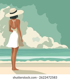 Férias de verão, ilustração vetorial. Jovem mulher de férias caminhando na praia e admirando a linha do horizonte do mar e o céu. Vista traseira. Ilustração para projetos de viagem