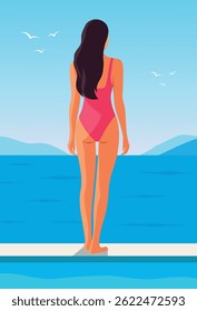 Summer vacation, vector illustration. Young woman in pink swimsuit on vacation, swimming and sunbathing in the pool. Back view, looking at sea horizon line. Illustration for travel projects