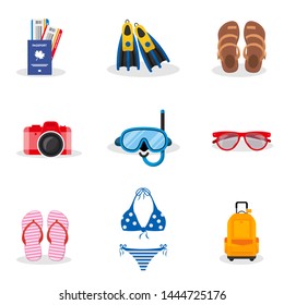 Summer vacation vector illustrations set. Sunglasses, flippers, diving mask, swimsuit, flip flops isolated design elements. Beach recreation. Sea resort and beach activities. Summer holidays items