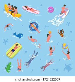 Summer vacation vector, pool activities summertime holidays. Friends sitting in banana boat, lady laying in surfboard. People playing volleyball games, inflatable crocodile and mattress. Swimming man