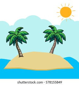 summer vacation vector poster with island and sea with palms and sun