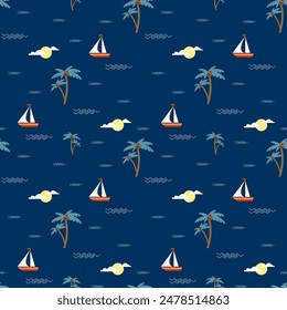 Summer vacation vector seamless  pattern with palm tree, coconut, ship, sun and waves. Aloha party, Hawaii concept. Can be used in textile and wallpaper, wrapping-paper design.