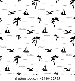 Summer vacation vector seamless  pattern with palm tree, ship, seagull and waves. Aloha party, Hawaii graphic concept. Can be used in textile and wallpaper, wrapping-paper design.