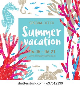 Summer vacation. Vector square background with marine elements. Undersea world. Can be used for summer sales banner, tourist offers, travel plans.
