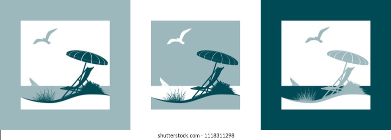 Summer vacation vector symbol with sunshade, deckchair, seagull, sailing boat, beach and the sea